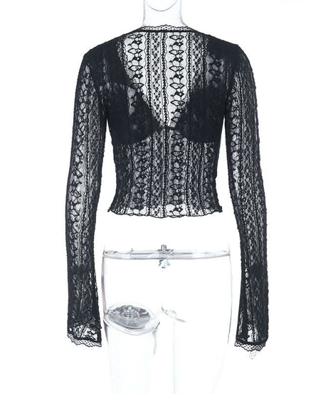 Autumn Allure: Chic Black Lace V-Neck Long Sleeve Crop Top | Perfect for Fall Nights & Holiday Parties