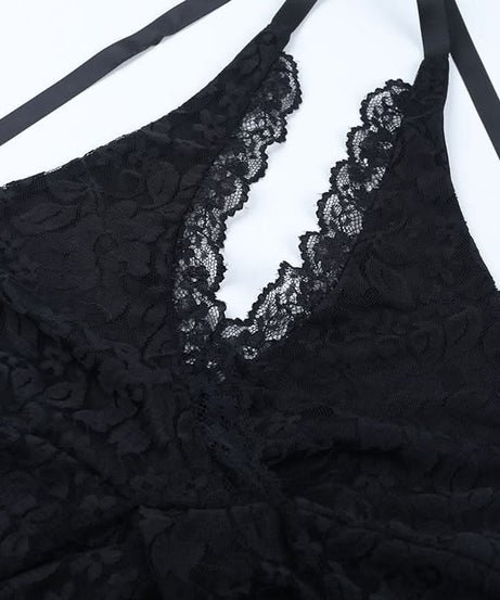 Gothic Glamour: Black Lace Halter Mermaid Maxi Dress - Spooky Season & Fall Event Ready