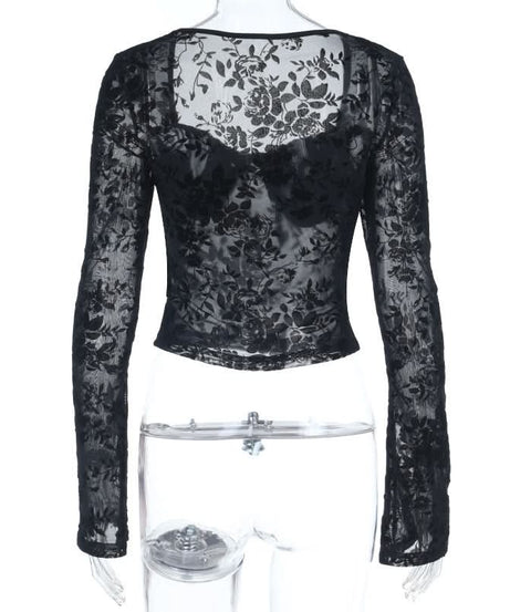 Enchanting Black Floral Lace Long Sleeve Top - Sweetheart Neck Sheer Blouse for Fall & Halloween Chic