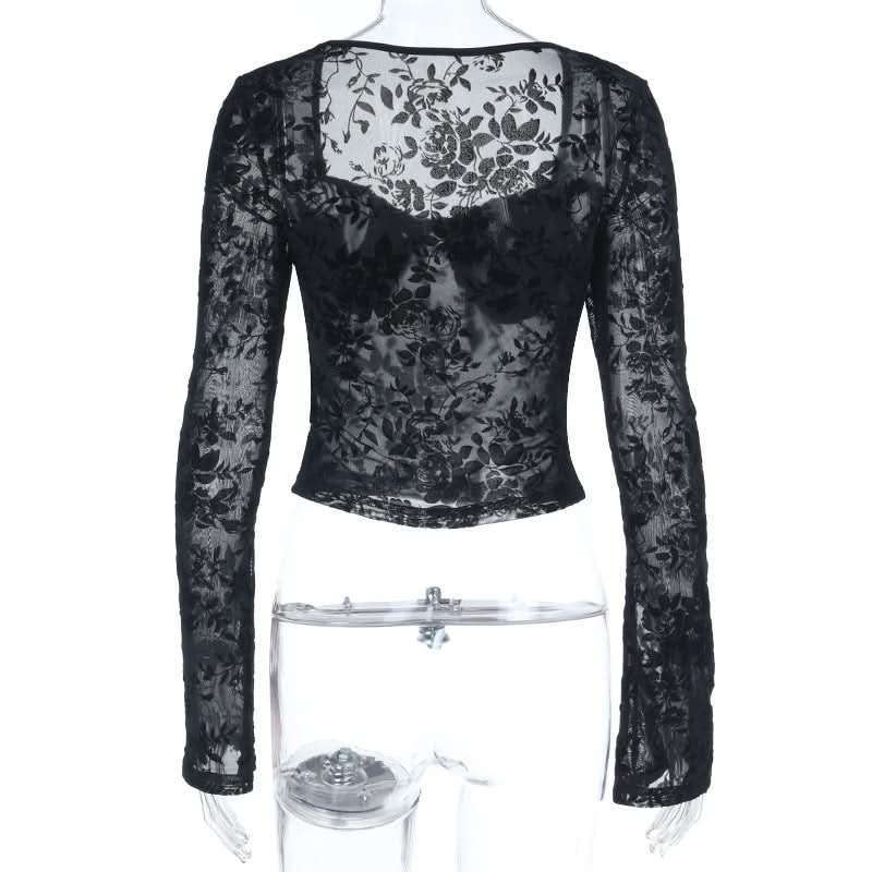 Enchanting Black Floral Lace Long Sleeve Top - Sweetheart Neck Sheer Blouse for Fall & Halloween Chic
