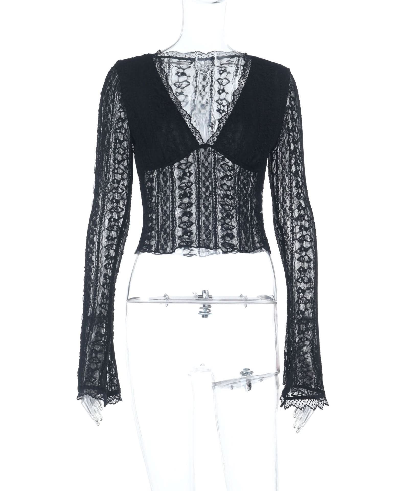 Autumn Allure: Chic Black Lace V-Neck Long Sleeve Crop Top | Perfect for Fall Nights & Holiday Parties