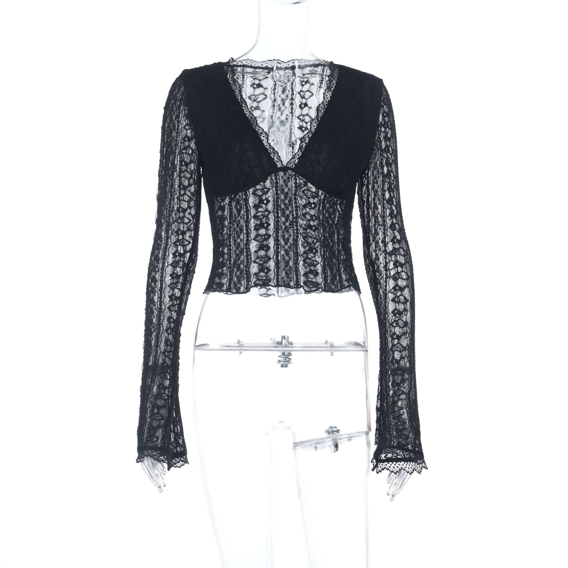 Autumn Allure: Chic Black Lace V-Neck Long Sleeve Crop Top | Perfect for Fall Nights & Holiday Parties