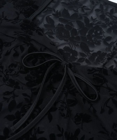 Enchanting Black Floral Lace Long Sleeve Top - Sweetheart Neck Sheer Blouse for Fall & Halloween Chic