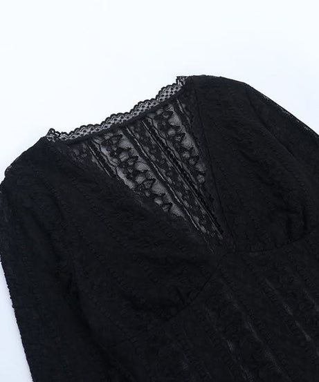 Autumn Allure: Chic Black Lace V-Neck Long Sleeve Crop Top | Perfect for Fall Nights & Holiday Parties