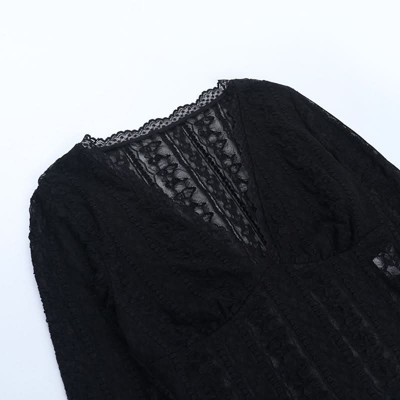 Autumn Allure: Chic Black Lace V-Neck Long Sleeve Crop Top | Perfect for Fall Nights & Holiday Parties