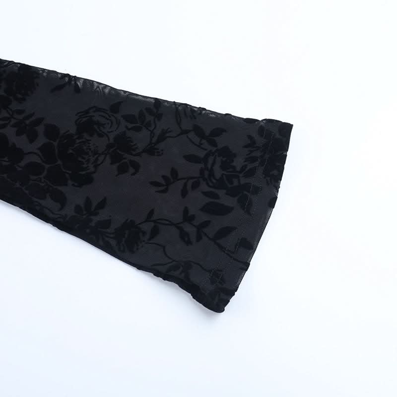 Enchanting Black Floral Lace Long Sleeve Top - Sweetheart Neck Sheer Blouse for Fall & Halloween Chic
