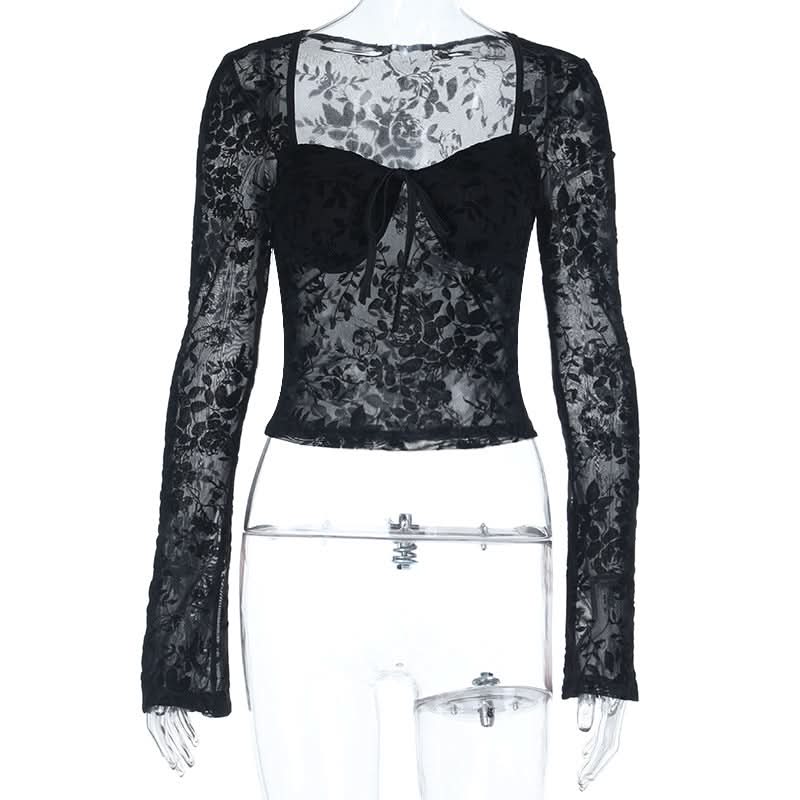 Enchanting Black Floral Lace Long Sleeve Top - Sweetheart Neck Sheer Blouse for Fall & Halloween Chic