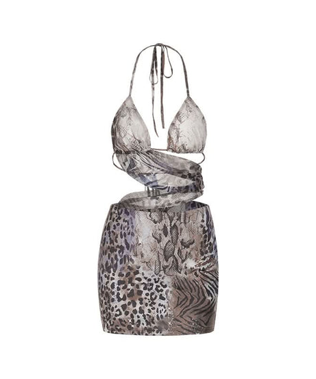 Untamed Glam: Mixed Animal Print Halter Cut-Out Mini Dress - Fierce Fall Party Style