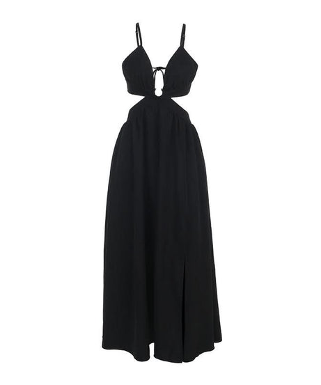 Sultry Black Deep V Cutout Maxi Dress with High Slit - Perfect for Fall Soirées & Holiday Glamour