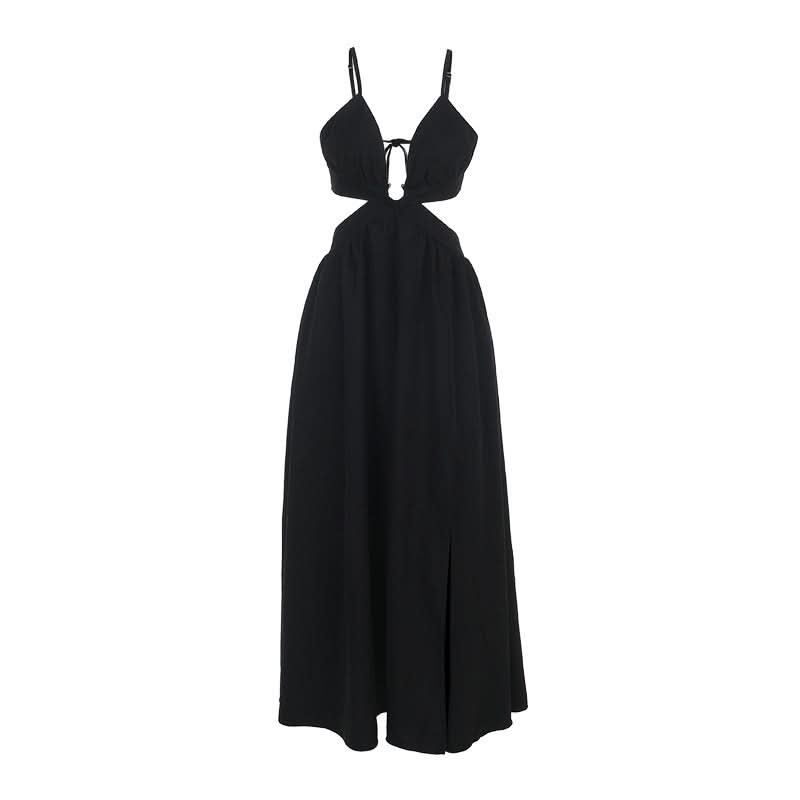 Sultry Black Deep V Cutout Maxi Dress with High Slit - Perfect for Fall Soirées & Holiday Glamour