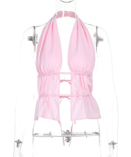 Barbiecore Pink Ruched Halter Crop Top - Chic Cut-Out Style for Nights Out & Getaways