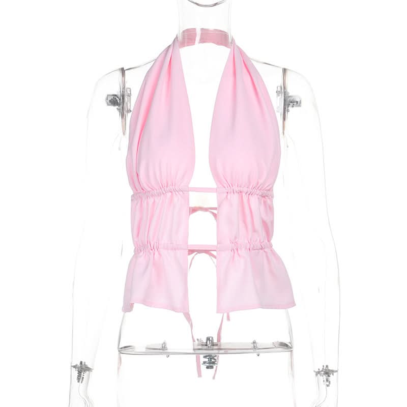 Barbiecore Pink Ruched Halter Crop Top - Chic Cut-Out Style for Nights Out & Getaways