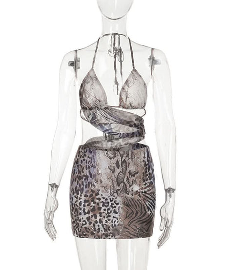 Untamed Glam: Mixed Animal Print Halter Cut-Out Mini Dress - Fierce Fall Party Style