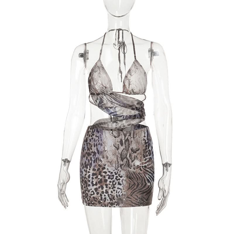 Untamed Glam: Mixed Animal Print Halter Cut-Out Mini Dress - Fierce Fall Party Style