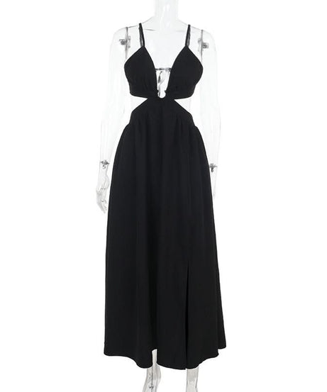 Sultry Black Deep V Cutout Maxi Dress with High Slit - Perfect for Fall Soirées & Holiday Glamour