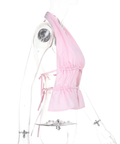 Barbiecore Pink Ruched Halter Crop Top - Chic Cut-Out Style for Nights Out & Getaways
