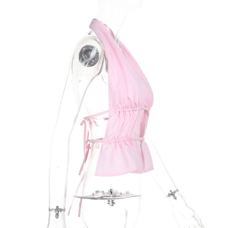 Barbiecore Pink Ruched Halter Crop Top - Chic Cut-Out Style for Nights Out & Getaways
