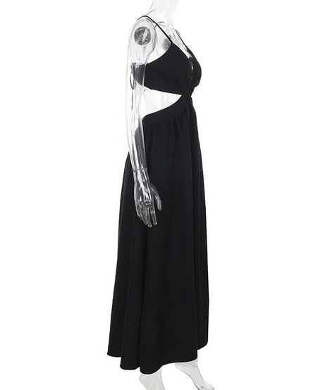 Sultry Black Deep V Cutout Maxi Dress with High Slit - Perfect for Fall Soirées & Holiday Glamour