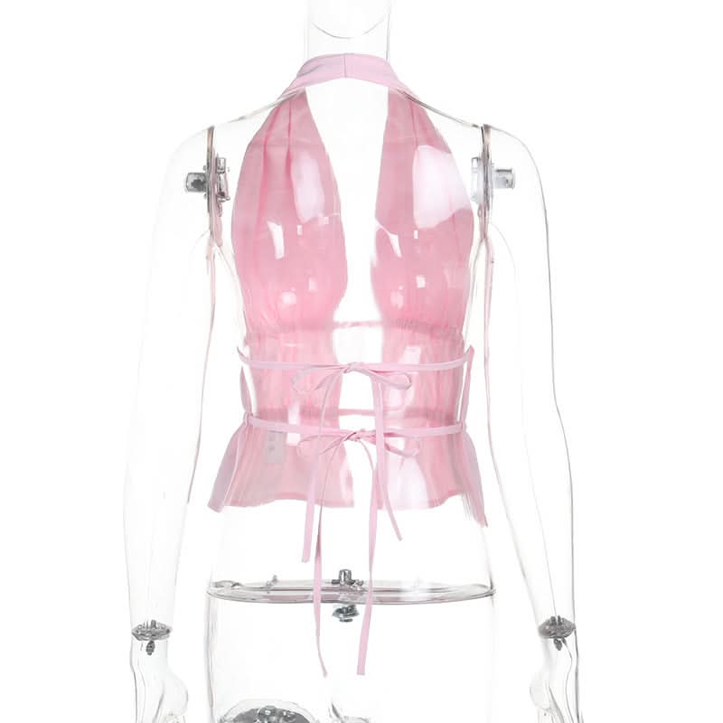 Barbiecore Pink Ruched Halter Crop Top - Chic Cut-Out Style for Nights Out & Getaways