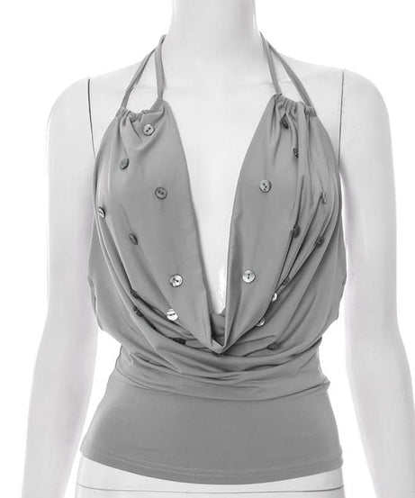 Daring Grey Cowl Neck Halter Top | Deep V & Shimmer Buttons for Fall Nights