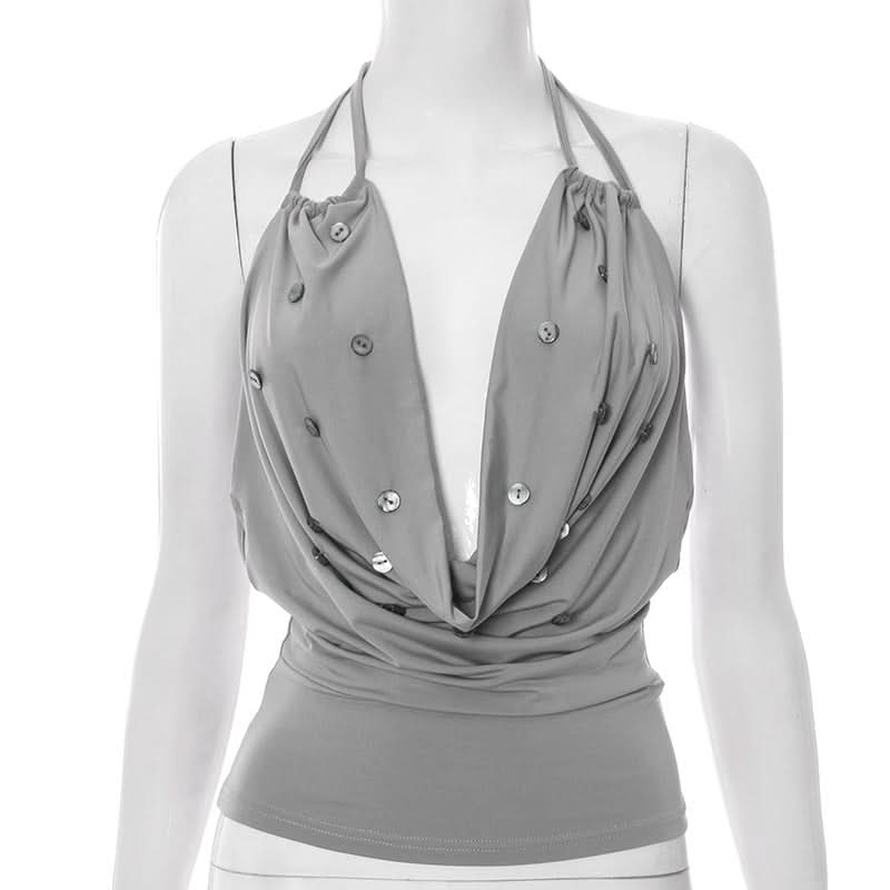 Daring Grey Cowl Neck Halter Top | Deep V & Shimmer Buttons for Fall Nights