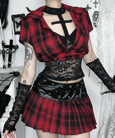 Spooky Season Style: Edgy Red Plaid Pleated Mini Skirt with Faux Leather & Eyelet Waist | Perfect for Halloween & Gothcore Looks