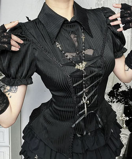 Vampire Bat Chic Gothic Corset Top - Puff Sleeve Lace-Up Blouse for Halloween & Fall