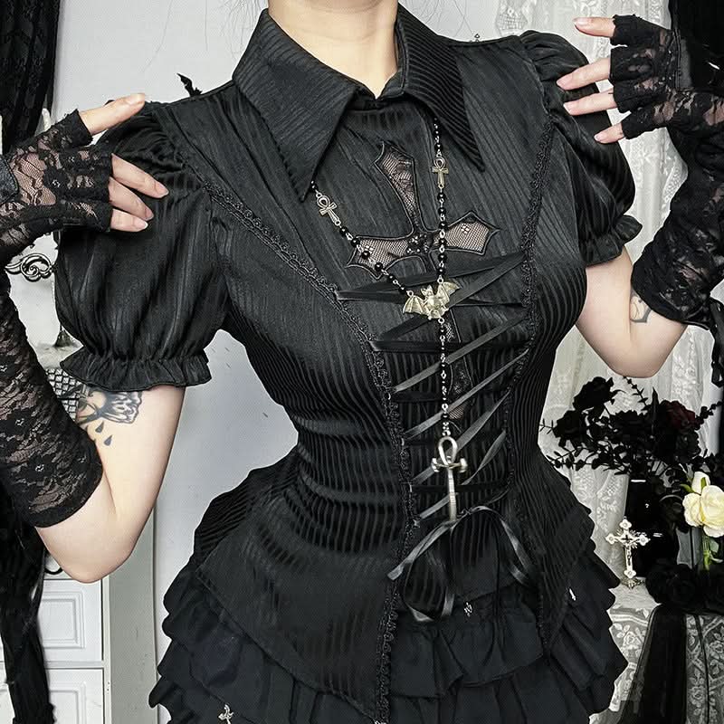 Vampire Bat Chic Gothic Corset Top - Puff Sleeve Lace-Up Blouse for Halloween & Fall