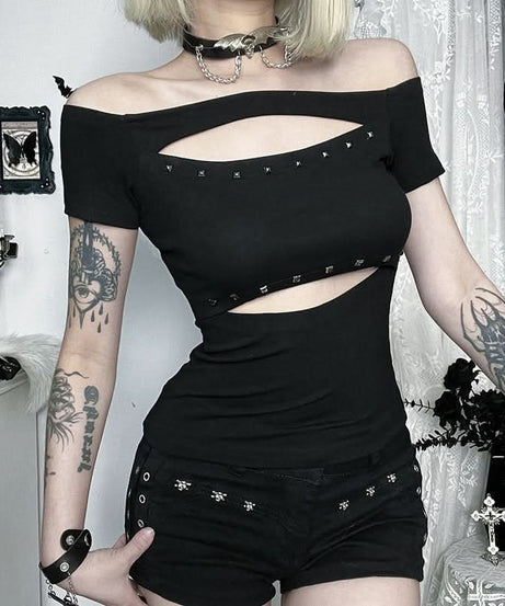 Black Studded Siren Off-Shoulder Cut-Out Top - Edgy Fall & Halloween Glam