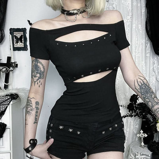 Black Studded Siren Off-Shoulder Cut-Out Top - Edgy Fall & Halloween Glam