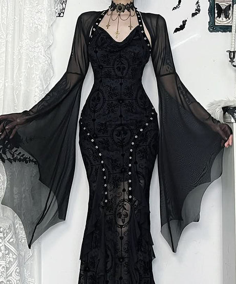Mystical Gothic Mesh Bell Sleeve Shrug - Enchanting Halloween & Dark Romance Top