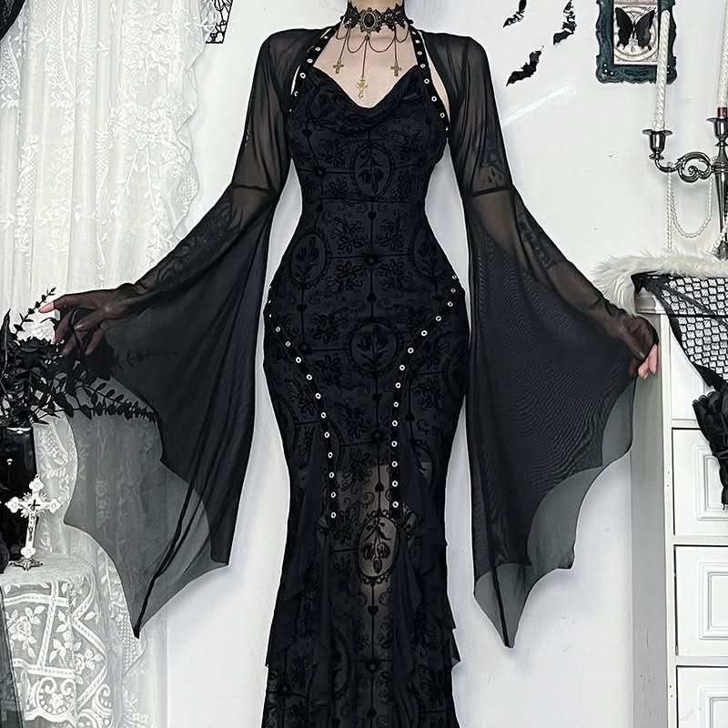 Mystical Gothic Mesh Bell Sleeve Shrug - Enchanting Halloween & Dark Romance Top