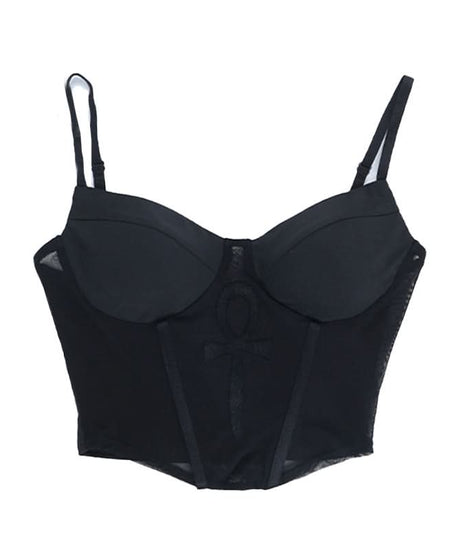 Gothic Ankh Mesh Corset Bustier Top - Edgy Black Crop for Halloween & Fall