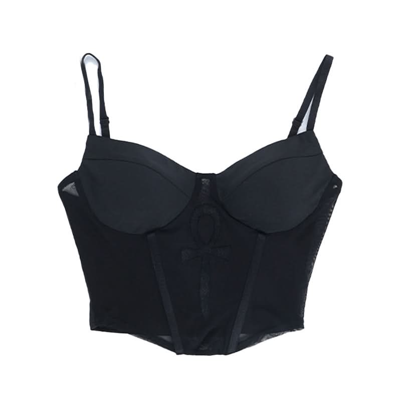 Gothic Ankh Mesh Corset Bustier Top - Edgy Black Crop for Halloween & Fall