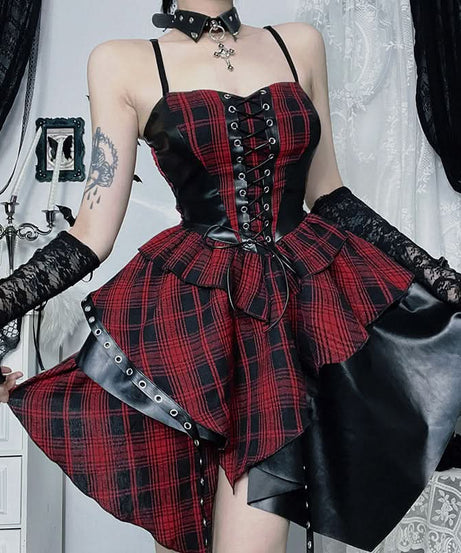 Gothic Grunge Plaid Corset Mini Dress - Edgy Lace-Up Faux Leather for Fall & Halloween