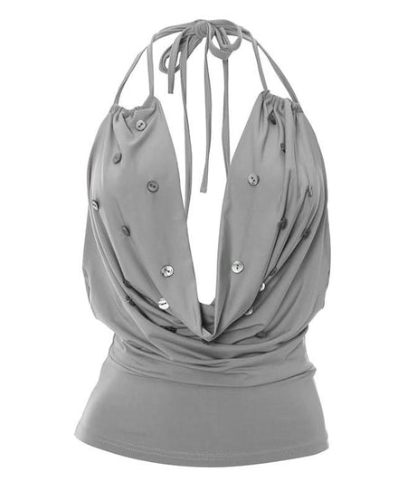 Daring Grey Cowl Neck Halter Top | Deep V & Shimmer Buttons for Fall Nights