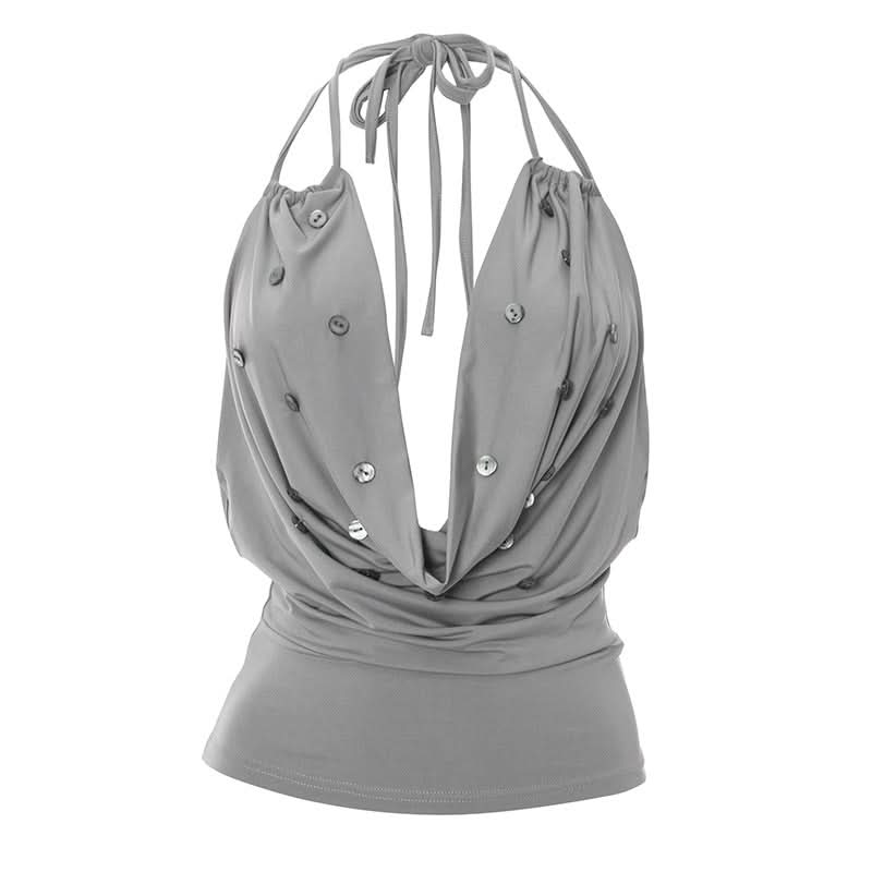 Daring Grey Cowl Neck Halter Top | Deep V & Shimmer Buttons for Fall Nights