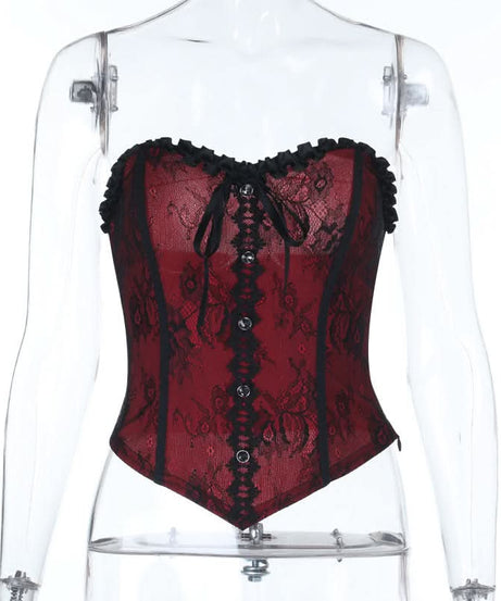 Bewitching Red & Black Lace Corset Top | Sweetheart Bustier for Halloween & Fall Nights