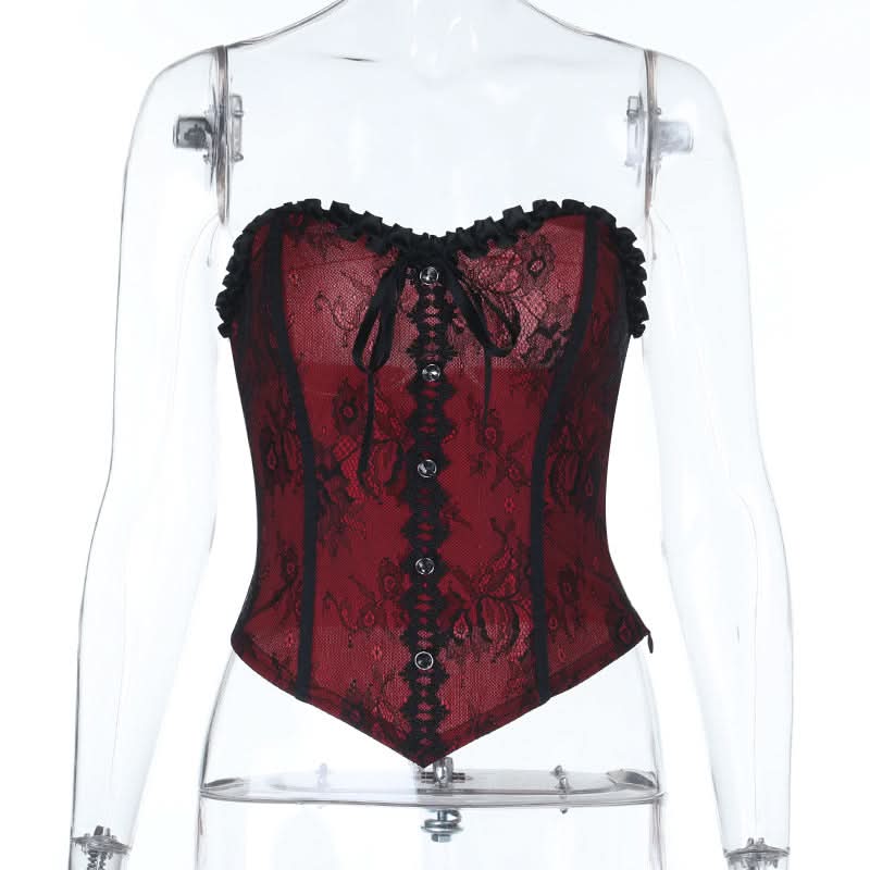 Bewitching Red & Black Lace Corset Top | Sweetheart Bustier for Halloween & Fall Nights