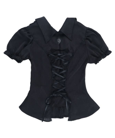 Vampire Bat Chic Gothic Corset Top - Puff Sleeve Lace-Up Blouse for Halloween & Fall