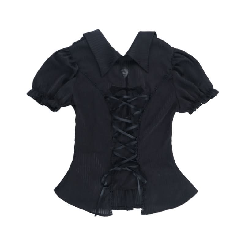 Vampire Bat Chic Gothic Corset Top - Puff Sleeve Lace-Up Blouse for Halloween & Fall
