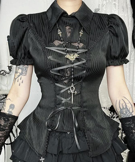 Vampire Bat Chic Gothic Corset Top - Puff Sleeve Lace-Up Blouse for Halloween & Fall