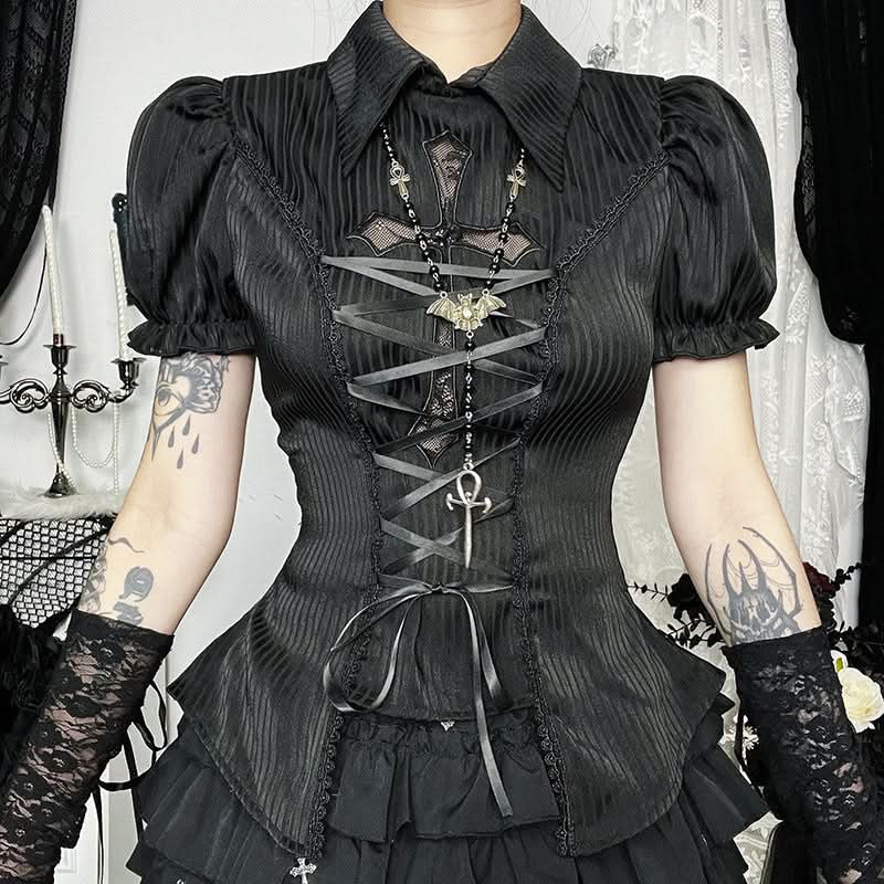 Vampire Bat Chic Gothic Corset Top - Puff Sleeve Lace-Up Blouse for Halloween & Fall