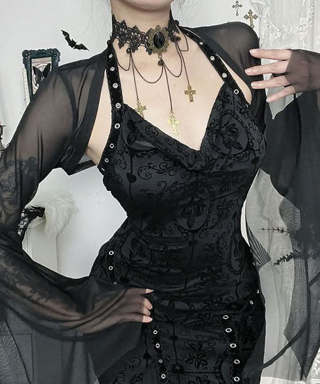 Mystical Gothic Mesh Bell Sleeve Shrug - Enchanting Halloween & Dark Romance Top