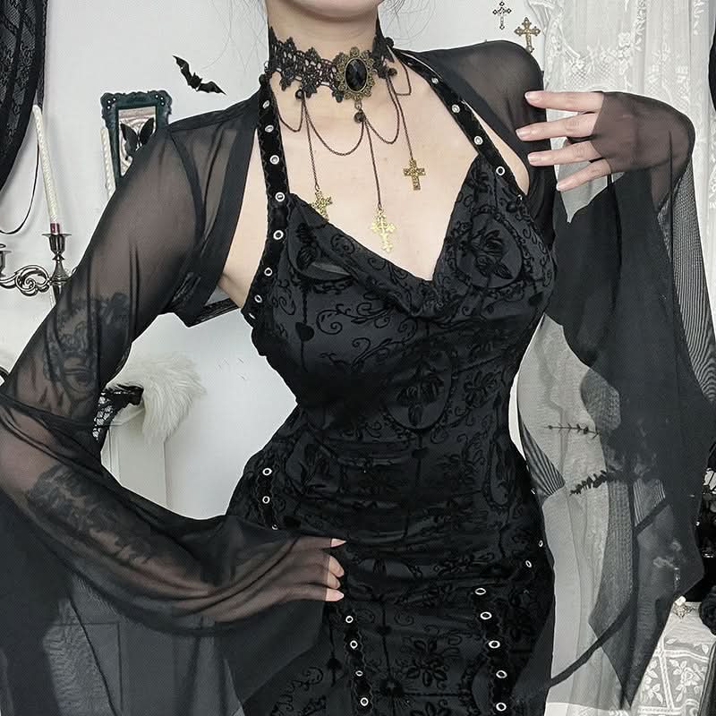 Mystical Gothic Mesh Bell Sleeve Shrug - Enchanting Halloween & Dark Romance Top