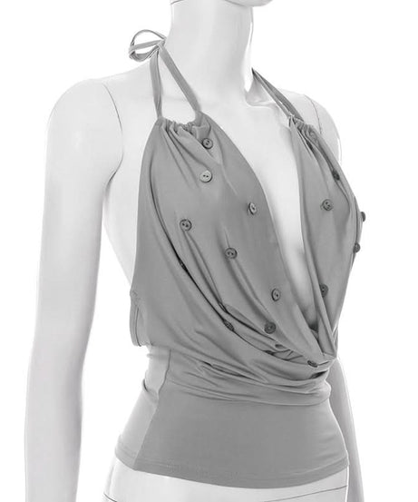 Daring Grey Cowl Neck Halter Top | Deep V & Shimmer Buttons for Fall Nights