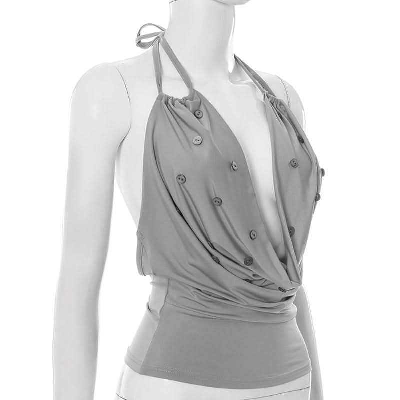 Daring Grey Cowl Neck Halter Top | Deep V & Shimmer Buttons for Fall Nights
