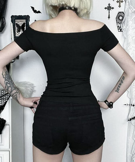 Black Studded Siren Off-Shoulder Cut-Out Top - Edgy Fall & Halloween Glam