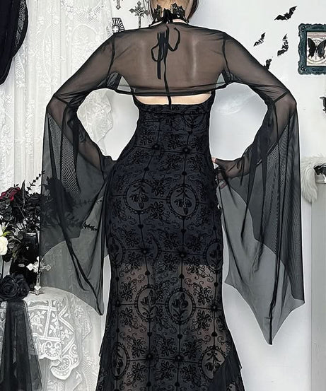 Mystical Gothic Mesh Bell Sleeve Shrug - Enchanting Halloween & Dark Romance Top