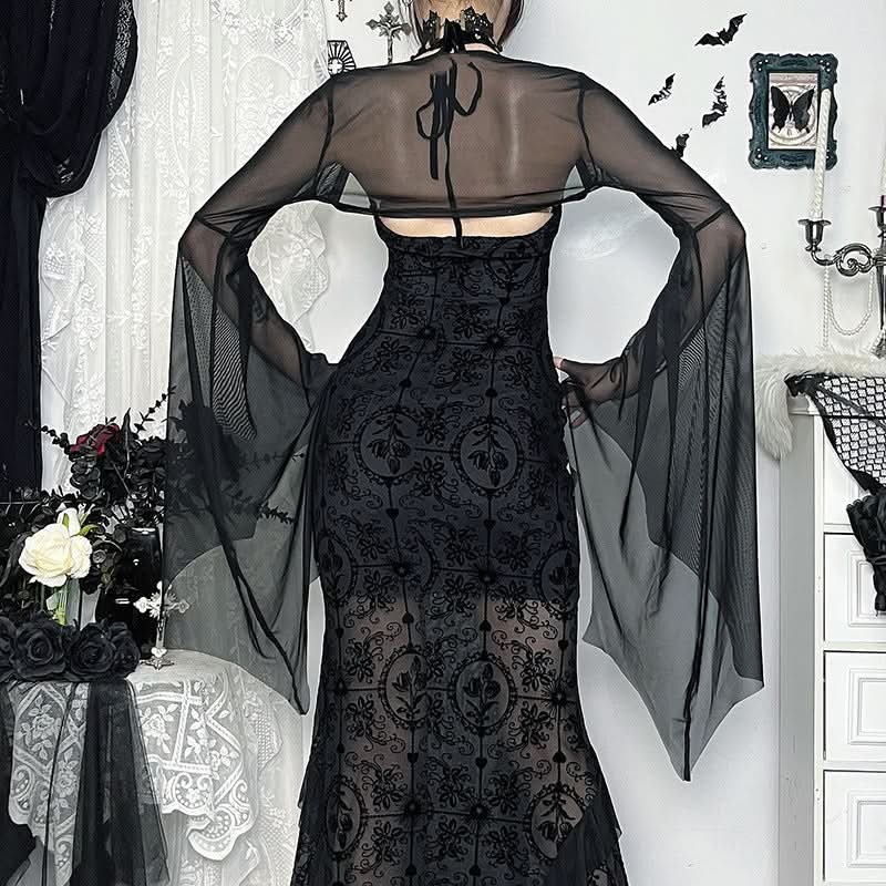 Mystical Gothic Mesh Bell Sleeve Shrug - Enchanting Halloween & Dark Romance Top